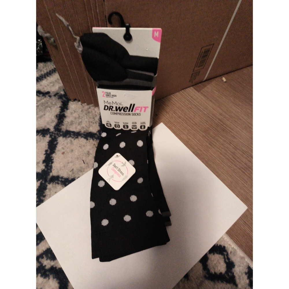 MeMoi Dr. WellFit Compression Knee High Socks 2-Pack Black Polka dots Size M